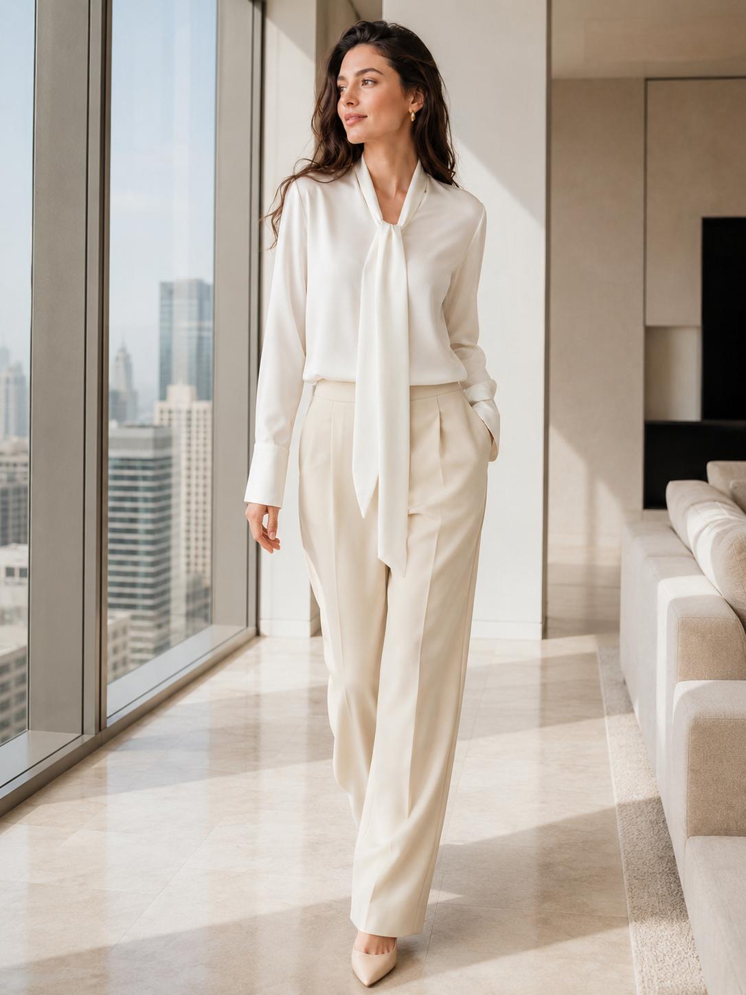 Women’s Formal Fit Chic Smooth Silk-Feel Tie-Neck Long Sleeve Blouse - Comfortable Fabric Office Workwear for Dressy Business Casual Pairing with Skirts, Suits, Trousers, Fitted image 3
