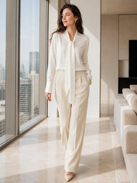 Women’s Formal Fit Chic Smooth Silk-Feel Tie-Neck Long Sleeve Blouse - Comfortable Fabric Office Workwear for Dressy Business Casual Pairing with Skirts, Suits, Trousers, Fitted image 3