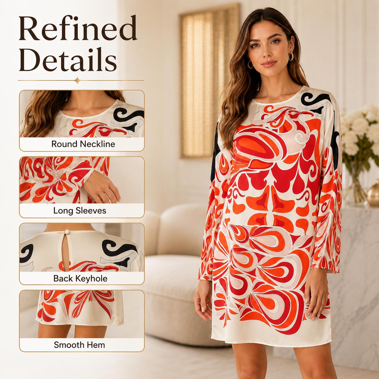 Women's Abstract Print Longsleeves Faux Silk Shift Dress - Round Neck, Knee-Length, Casual Vacation Wear image 3