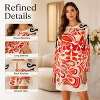 Women's Abstract Print Longsleeves Faux Silk Shift Dress - Round Neck, Knee-Length, Casual Vacation Wear image 3