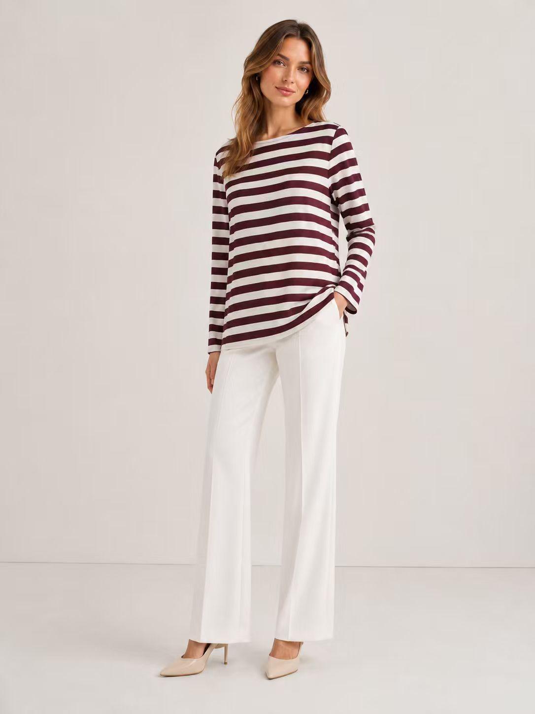 Women's Silky Satin Stripe Pattern Tshirt - Burgundy & White, Boat Neck, Long Sleeve, Relaxed Cut, Flared Sleeves, Breathable Pullover, Regular Sizes, Minimalist Casual Commuter Basic Knit Blouse Top image 3