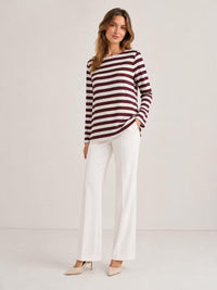 Women's Silky Satin Stripe Pattern Tshirt - Burgundy & White, Boat Neck, Long Sleeve, Relaxed Cut, Flared Sleeves, Breathable Pullover, Regular Sizes, Minimalist Casual Commuter Basic Knit Blouse Top image 3
