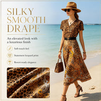 Women's Light Luxury Silk-Touch Floral Mix Paneled V-Neck Short Sleeve Dress - Belted Waist, Tie Detail, Flared Silhouette, Casual Bohemian Beach Midi Dress, Short Sleeves, Belt Closure image 3