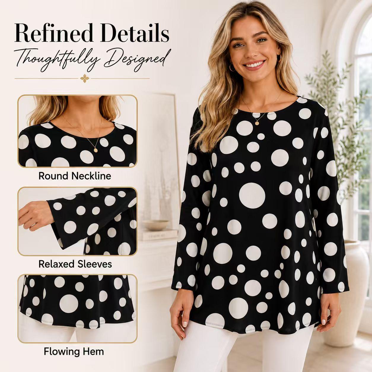 Women's Light Luxury Satin Crew Neck Long Sleeve Tunic Shirts - Black Base with Large Polka Dots, Mid-Length, Loose Drape, Curve-Hiding, Breathable Casual Bohemian Commuter Cover-Up Tops image 3
