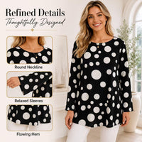 Women's Light Luxury Satin Crew Neck Long Sleeve Tunic Shirts - Black Base with Large Polka Dots, Mid-Length, Loose Drape, Curve-Hiding, Breathable Casual Bohemian Commuter Cover-Up Tops image 3