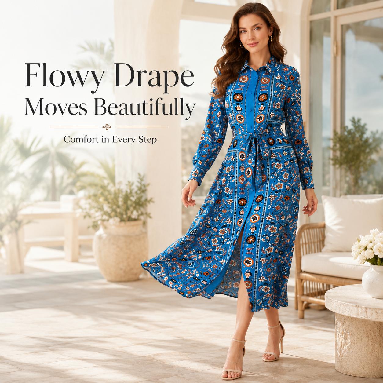 Light luxury faux silk long dress with a blue base, ethnic floral print, turn-down collar, long sleeves, and a cinched waist—Bohemian vacation style, mid-length, tie detail. image 3