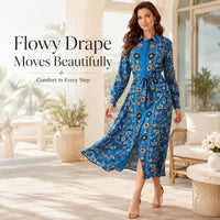 Light luxury faux silk long dress with a blue base, ethnic floral print, turn-down collar, long sleeves, and a cinched waist—Bohemian vacation style, mid-length, tie detail. image 3