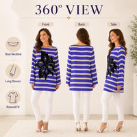 Women's Light Luxury Breathable Faux Silk Striped Blouse - Blue & White Horizontal Stripes, 3D Floral Appliqué, Crew Neck, Longsleeves, Mid-Length, Relaxed Fit, Plus Size Curve-Concealing Clothes image 3