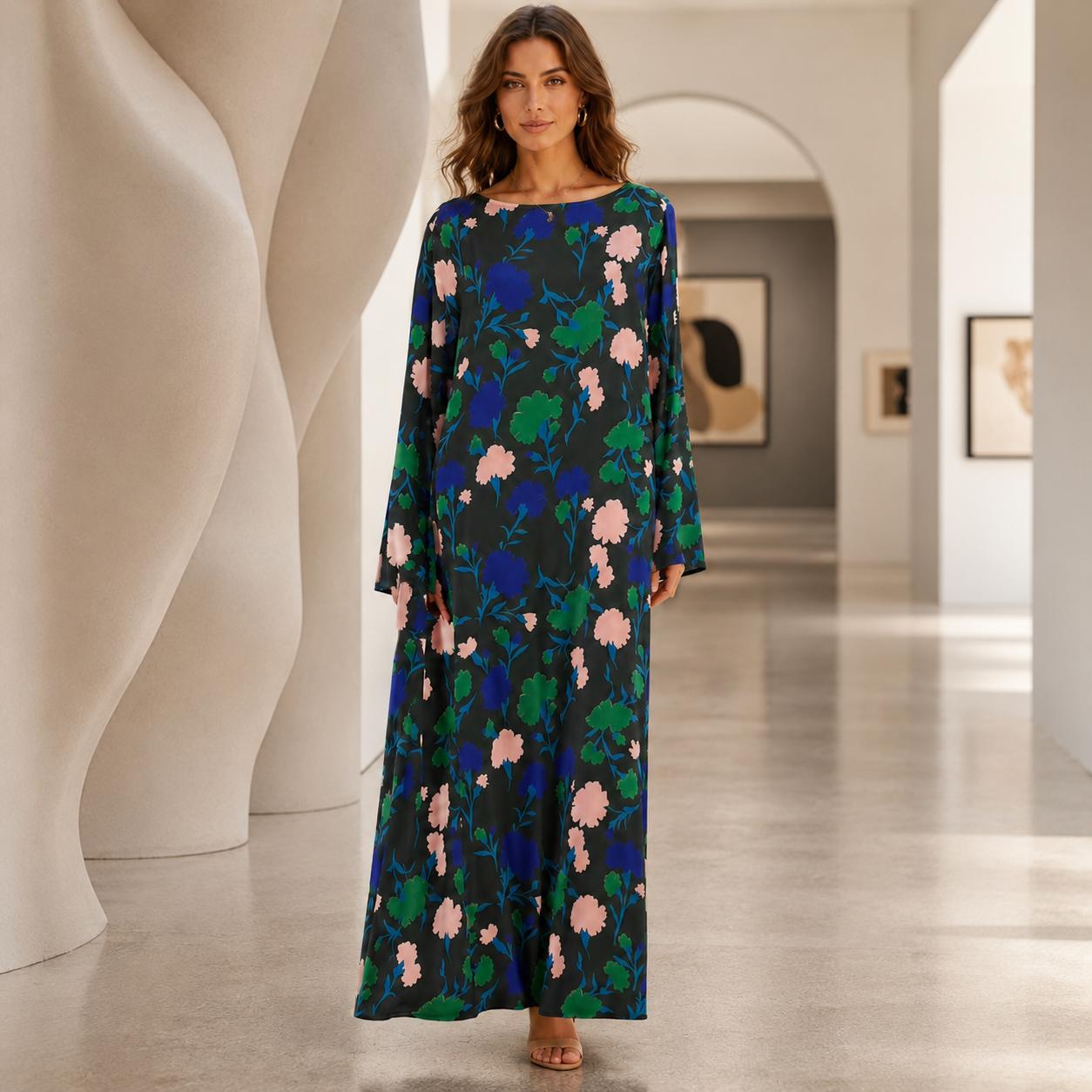Women’s Premium Silk Floral Print Maxi Dress - Longsleeves, Full Sleeve, Loose Fit, Round Neck, Feminine Flair Elegant Casual Wear for Holiday, Dinner (S, 2XL) - Do Not Bleach image 4