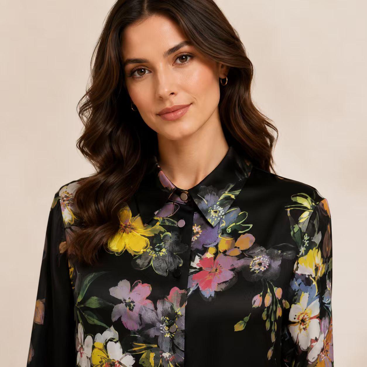Women's Silky Satin Black Floral Print Long Sleeve Shirt Pullover - Collared Neck, Loose Straight Fit, Minimalist Knee-Length Shift Dress, Suitable for Office & Casual Wear Womenswear Summer image 4