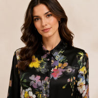 Women's Silky Satin Black Floral Print Long Sleeve Shirt Pullover - Collared Neck, Loose Straight Fit, Minimalist Knee-Length Shift Dress, Suitable for Office & Casual Wear Womenswear Summer image 4