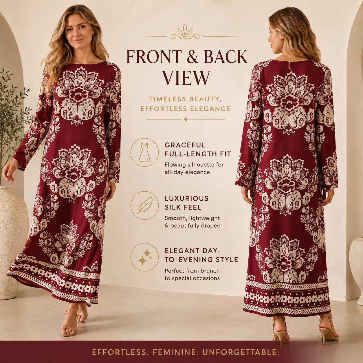 Luxury premium satin burgundy maxi dress for women with ethnic floral print, elegant round neck, long sleeves, loose straight fit, bohemian style, floor-length gown—ideal for resort vacations. Boho Chic Dress Summer image 4
