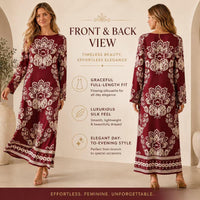 Luxury premium satin burgundy maxi dress for women with ethnic floral print, elegant round neck, long sleeves, loose straight fit, bohemian style, floor-length gown—ideal for resort vacations. Boho Chic Dress Summer image 4