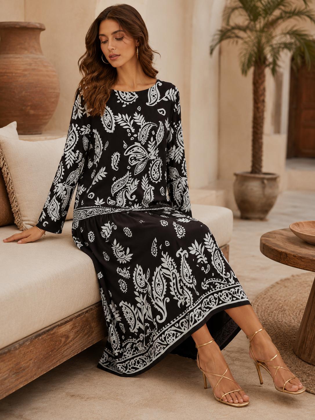 Women’s Premium Silk Paisley Long-Sleeve Boho A-Line Midi Dress, Bohemian Casual Wear for Vacation, Hand Washable image 4