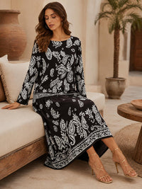 Women’s Premium Silk Paisley Long-Sleeve Boho A-Line Midi Dress, Bohemian Casual Wear for Vacation, Hand Washable image 4