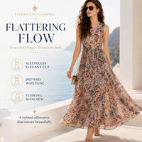 Women's Bohemian Pullover Maxi Dress - Silk Touch Rayon, Sleeveless Round Neck, Waist Cinch, Vintage Paisley Floral Mix, Light Luxury, Flowy Wide Hem, Vacation Beach Casual Womenswear image 4