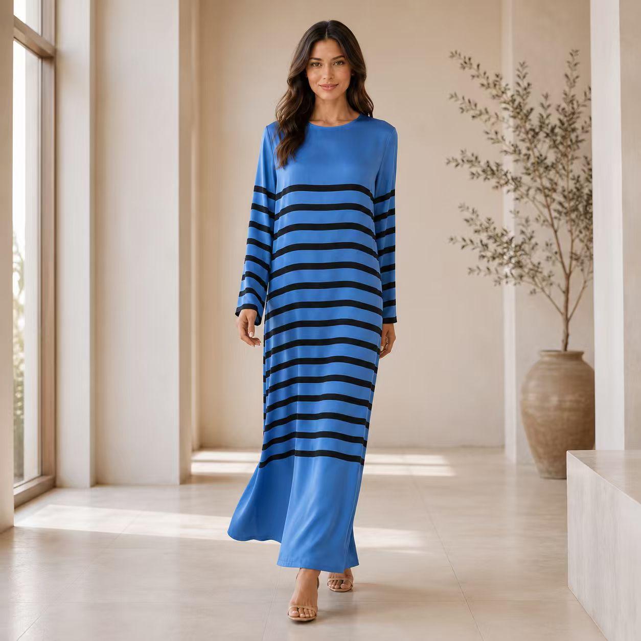 Luxury premium satin maxi dress for women with blue and black striped print, elegant round neck, long sleeves, loose straight fit, floor length; bohemian resort casual vacation everyday long gown Womenswear Crewneck image 4