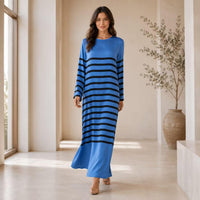 Luxury premium satin maxi dress for women with blue and black striped print, elegant round neck, long sleeves, loose straight fit, floor length; bohemian resort casual vacation everyday long gown Womenswear Crewneck image 4