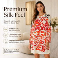 Women's Abstract Print Longsleeves Faux Silk Shift Dress - Round Neck, Knee-Length, Casual Vacation Wear image 4