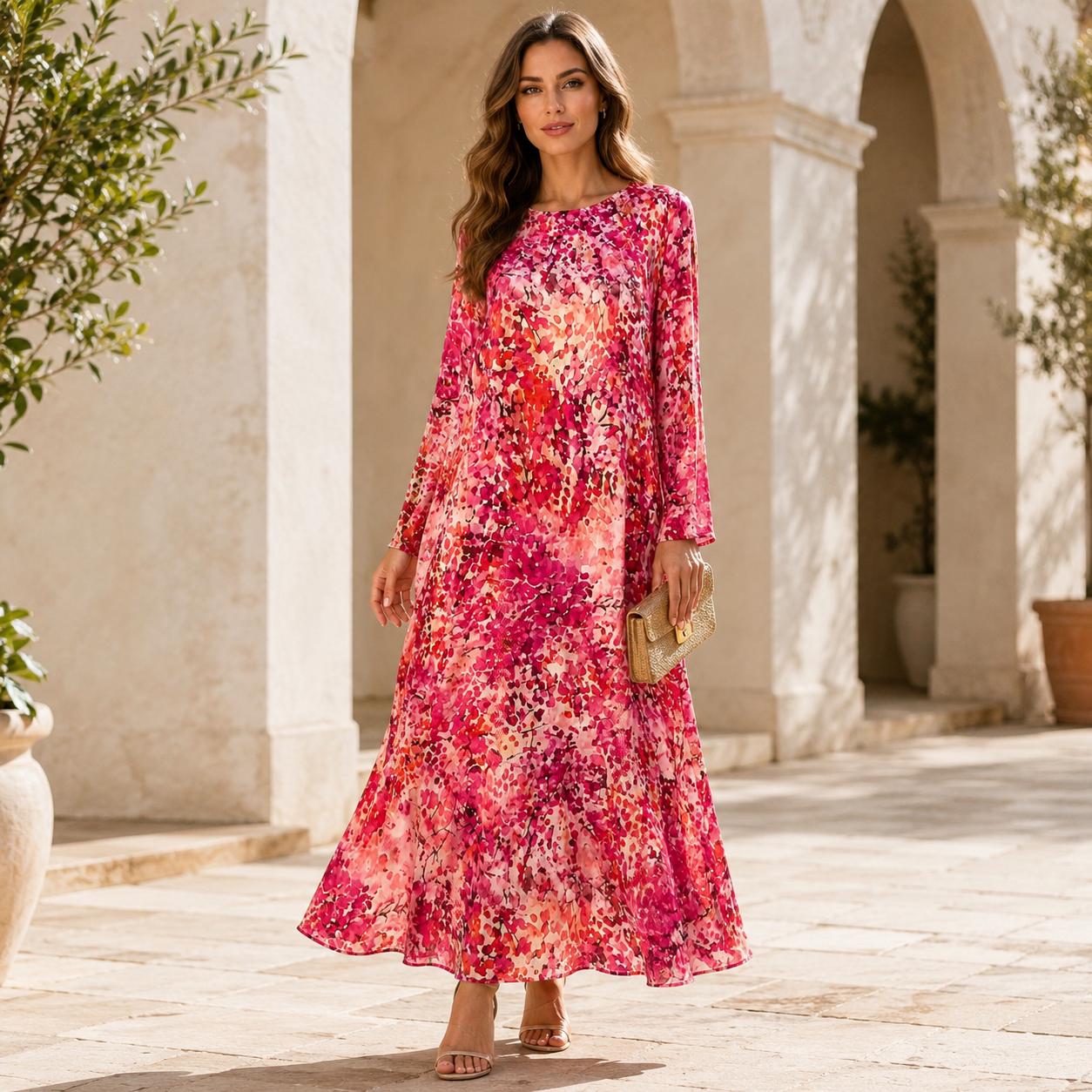 Women’s Premium Silk Fabric Floral Print Longsleeve Maxi Dress - Round Neck, Flowy A-Line, Elegant Casual Wear for Brunch Dates, Daily Use - Hand Wash Only Casual Dresses (Dry Clean Recommended, Do Not Bleach, Hang Dry) image 4