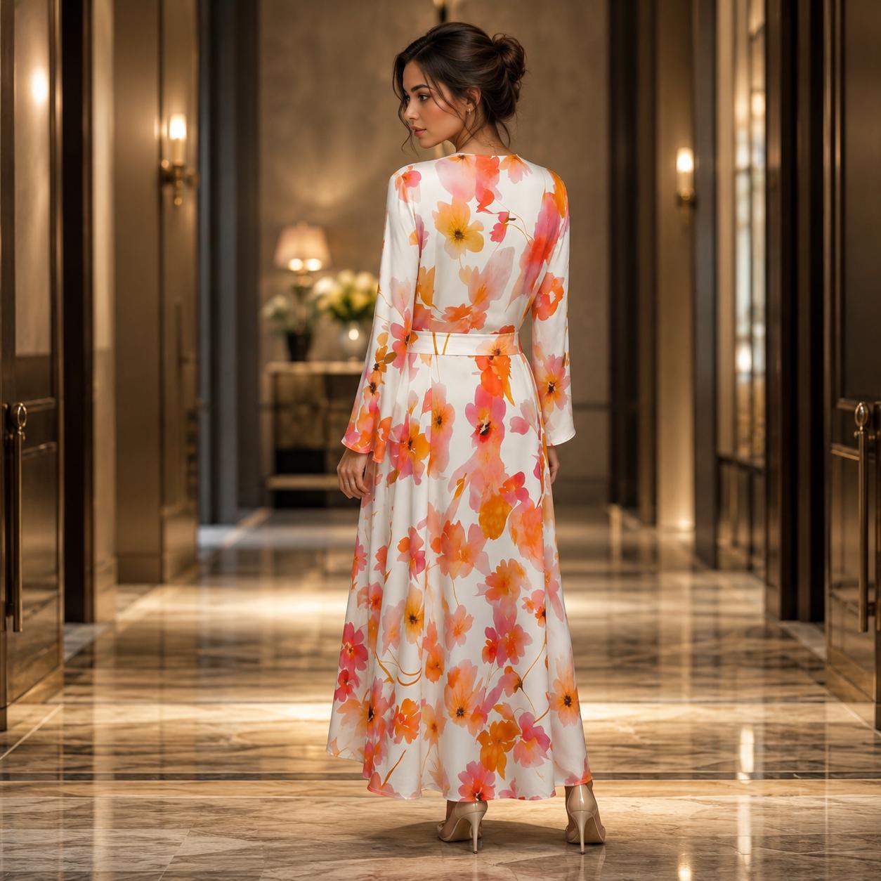 Women's Deep V-Neck Long Sleeve Silk Satin Maxi Dress - Orange Pink Floral Print Wrap Style with Waist Tie-Up Belt, Hand Wash, Elegant Flowy Long Length Wedding Guest Party Dress image 4