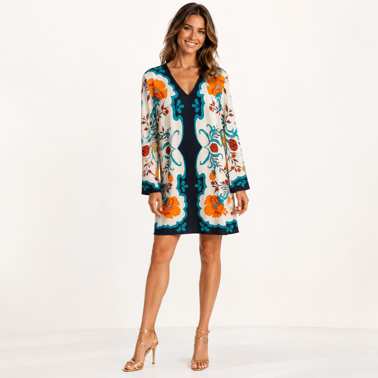 Women's Luxury Satin Casual Formal Wear Dress - Orange Flower Print, V-Neck, Long Bell Sleeves, Lightweight Loose Shift Silhouette, Designer Boho Fashion, Hand Wash, Suitable for Resort, Wedding Guest Attire image 4