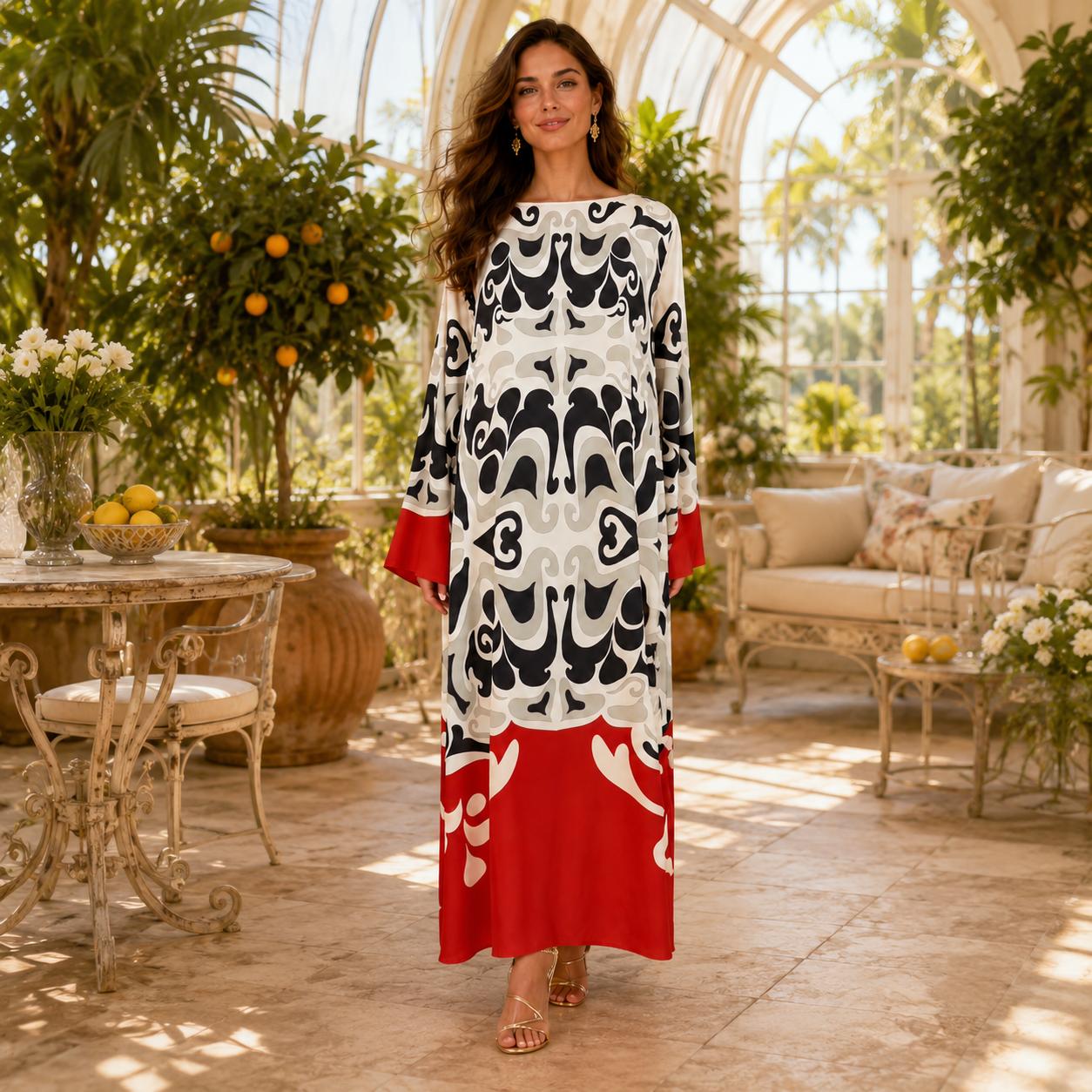 Women's Premium Silk Maxi Dress, Elegant Long Sleeve Floral Print Loose Fit Dress, Luxury Vacation Evening Dress for Women image 4