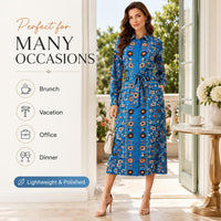 Light luxury faux silk long dress with a blue base, ethnic floral print, turn-down collar, long sleeves, and a cinched waist—Bohemian vacation style, mid-length, tie detail. image 4