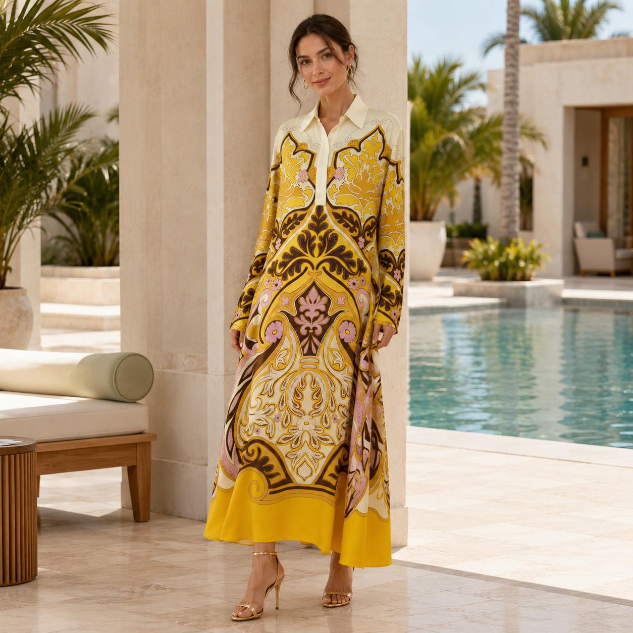 Women's Elegant Bohemian Printed Satin Maxi Dress - Lightweight Long-Sleeve Chic Fashion Loose Fit, Comfortable Breathable Holiday Party Casual Beach Gown image 4