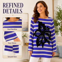 Women's Light Luxury Breathable Faux Silk Striped Blouse - Blue & White Horizontal Stripes, 3D Floral Appliqué, Crew Neck, Longsleeves, Mid-Length, Relaxed Fit, Plus Size Curve-Concealing Clothes image 4