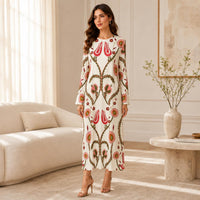 Women's Luxurious Silk A-Line Maxi Dress - Crew Neck, Bell Long Sleeves, Floral Print, Bohemian Relaxed Loose Fit, Flowy Silhouette, Luxurious Statement Piece for Evening Occasions, Hand Wash Friendly image 5