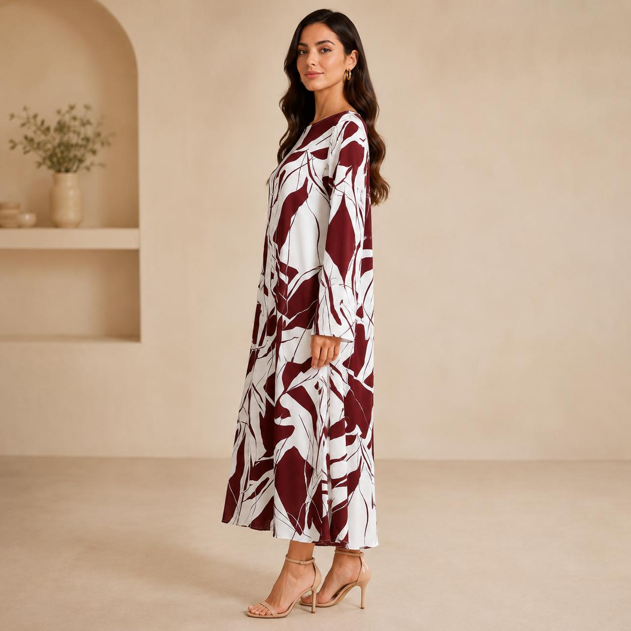 Women's Silk Full-Length A-Line Cut Dress, Elegant Artistic Print with Long Sleeves - Loose Fit for Vacation & Evening Formal Events image 5