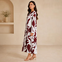 Women's Silk Full-Length A-Line Cut Dress, Elegant Artistic Print with Long Sleeves - Loose Fit for Vacation & Evening Formal Events image 5