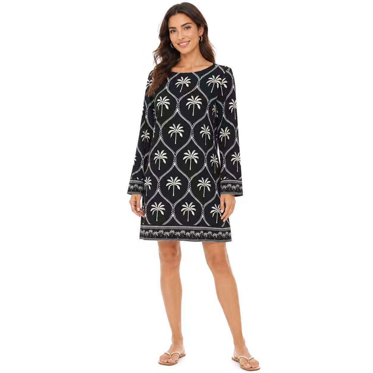 Women's Glossy Satin Palm Print Casual Dress - Crew Neck (Round Neck), Long Sleeve, Loose Straight Cut, Knee-Length, Light Luxury Boho Vacation Style, Dry Clean & Hand Wash Only, Long Sleeve Shirt, Boho Casual image 5