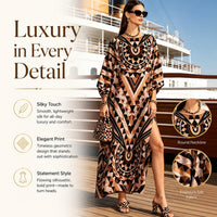 Women's Light Luxury Silk-Touch Faux Silk Longline Cover-Up Dress - Long Sleeve Dresses, Boho Chic, Ethnic Geometric Print, Crew Neck, Lantern Sleeves, Side Slits, Loose Fit, Ideal for Vacations, Beach Wear image 5