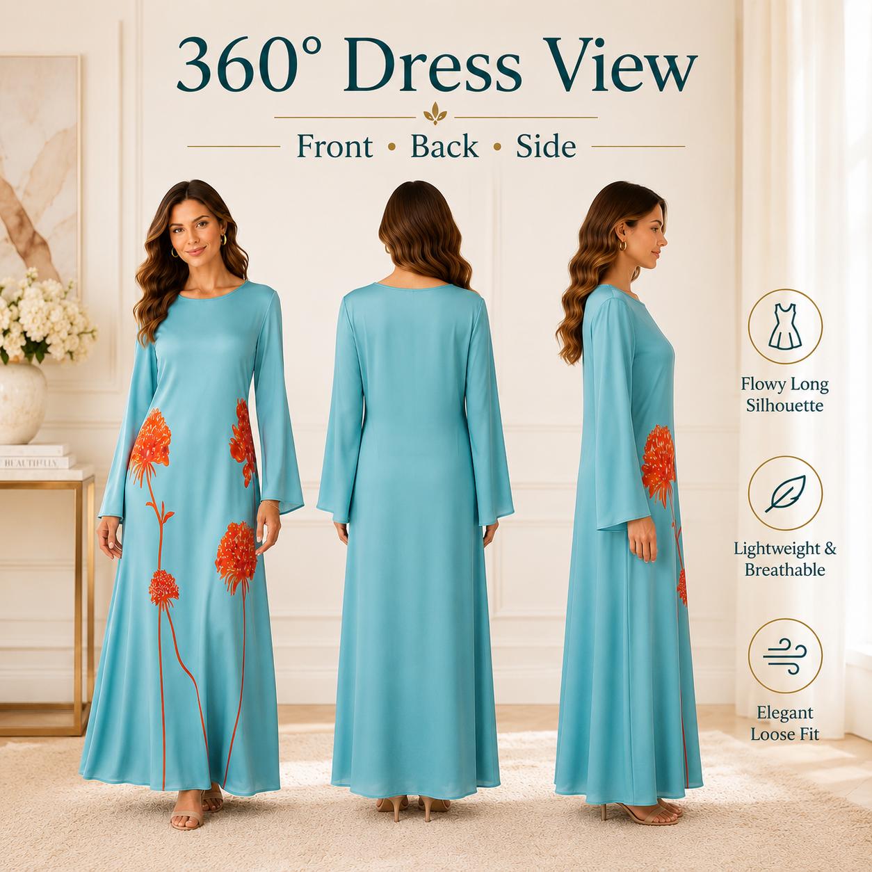 Light luxury faux silk long dress in lake blue and orange floral print, crew neck, bell sleeves, loose fit, maxi length; casual vacation style with a fluid drape and flared silhouette. image 5