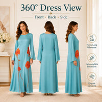 Light luxury faux silk long dress in lake blue and orange floral print, crew neck, bell sleeves, loose fit, maxi length; casual vacation style with a fluid drape and flared silhouette. image 5