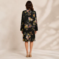Women's Silky Satin Black Floral Print Long Sleeve Shirt Pullover - Collared Neck, Loose Straight Fit, Minimalist Knee-Length Shift Dress, Suitable for Office & Casual Wear Womenswear Summer image 5