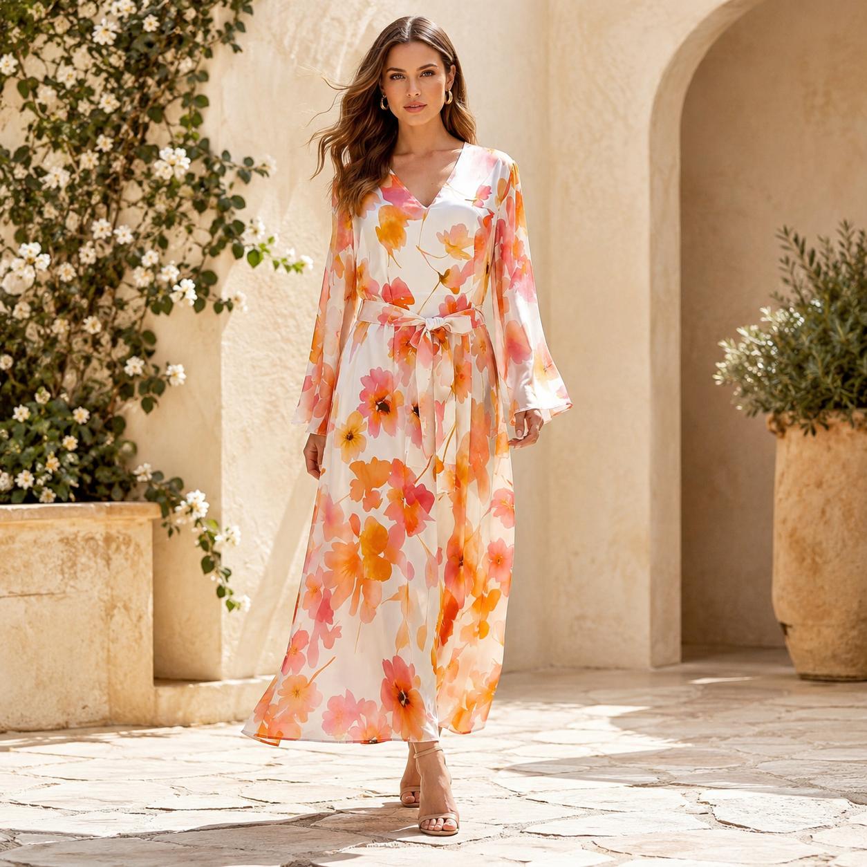 Women's Deep V-Neck Long Sleeve Silk Satin Maxi Dress - Orange Pink Floral Print Wrap Style with Waist Tie-Up Belt, Hand Wash, Elegant Flowy Long Length Wedding Guest Party Dress image 5