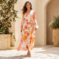 Women's Deep V-Neck Long Sleeve Silk Satin Maxi Dress - Orange Pink Floral Print Wrap Style with Waist Tie-Up Belt, Hand Wash, Elegant Flowy Long Length Wedding Guest Party Dress image 5
