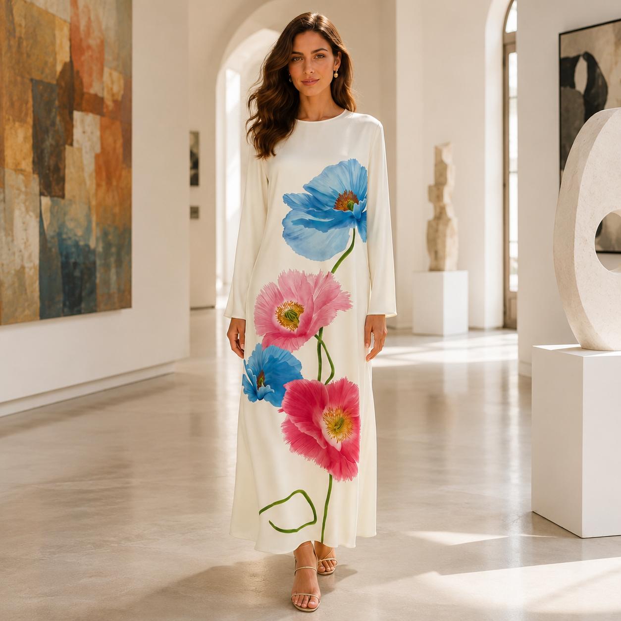 Women’s Premium Silk Round Neck Longsleeve Oversized Orchid Floral Design Dress - Loose-Fit A-Line Flowing Maxi, Elegant Silk Fabric, Formal Dinner Vacation Party Casual Womenswear Crewneck image 5