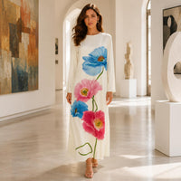 Women’s Premium Silk Round Neck Longsleeve Oversized Orchid Floral Design Dress - Loose-Fit A-Line Flowing Maxi, Elegant Silk Fabric, Formal Dinner Vacation Party Casual Womenswear Crewneck image 5