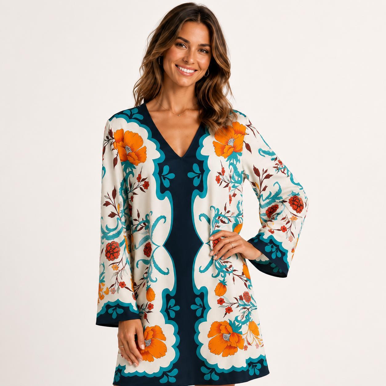 Women's Luxury Satin Casual Formal Wear Dress - Orange Flower Print, V-Neck, Long Bell Sleeves, Lightweight Loose Shift Silhouette, Designer Boho Fashion, Hand Wash, Suitable for Resort, Wedding Guest Attire image 5