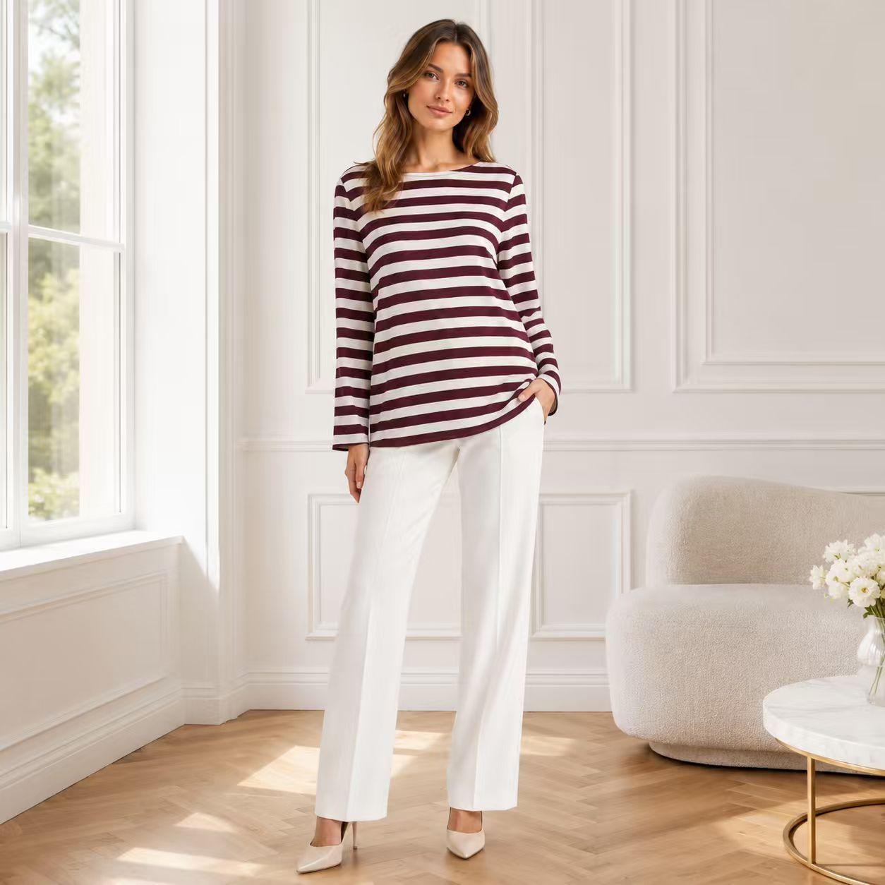 Women's Silky Satin Stripe Pattern Tshirt - Burgundy & White, Boat Neck, Long Sleeve, Relaxed Cut, Flared Sleeves, Breathable Pullover, Regular Sizes, Minimalist Casual Commuter Basic Knit Blouse Top image 5
