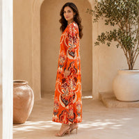 Women's Luxury Silk Boho Maxi Dress - Chic, Comfortable, Modest Long-Sleeve V-Neck Floral Print A-Line, Smooth Lightweight for Everyday Outfits, Vacation Evening Wear, Style image 5