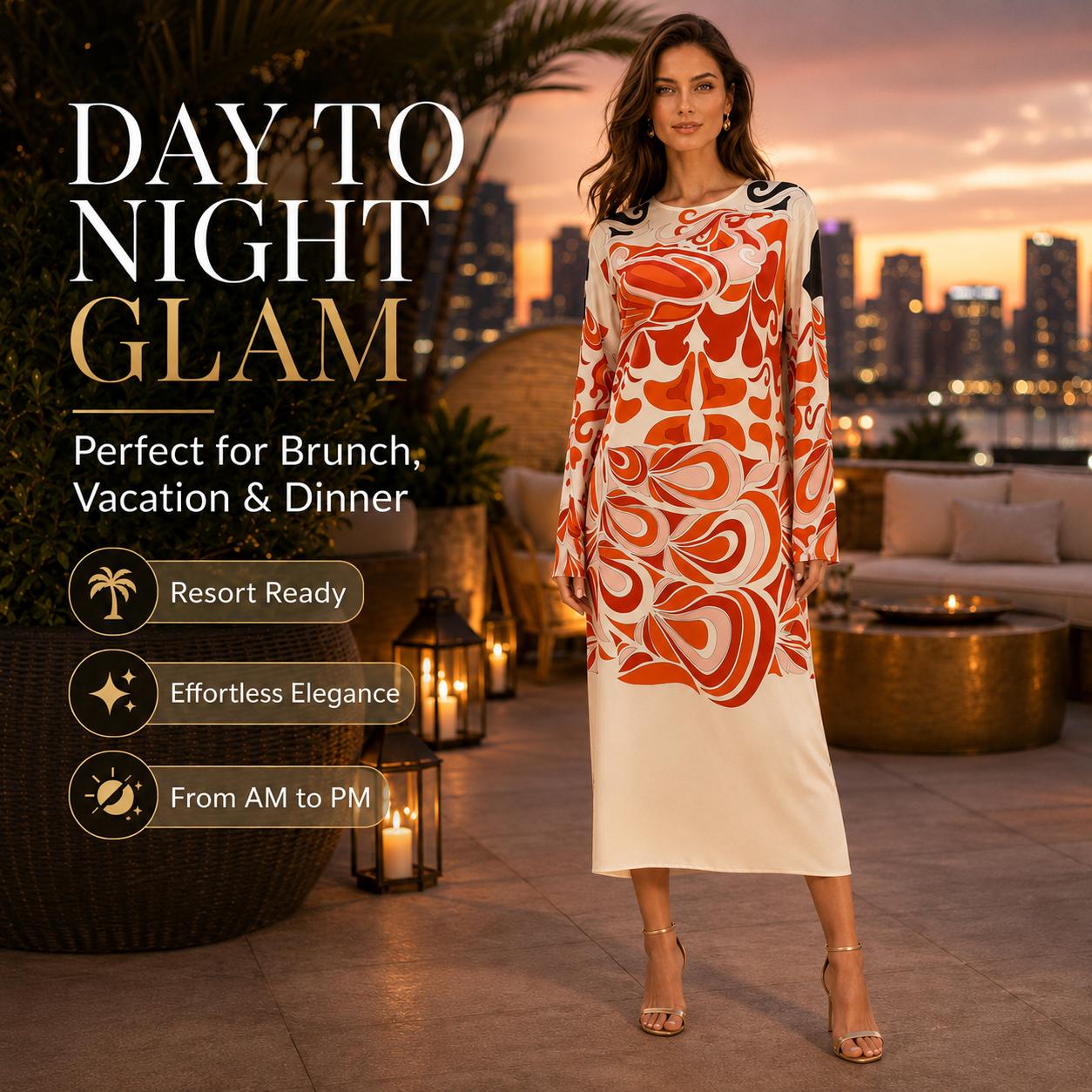 Light luxury satin orange abstract swirl print crew neck flared long sleeves midi dress Bohemian island vacation party high-end straight long dress image 5