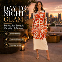 Light luxury satin orange abstract swirl print crew neck flared long sleeves midi dress Bohemian island vacation party high-end straight long dress image 5