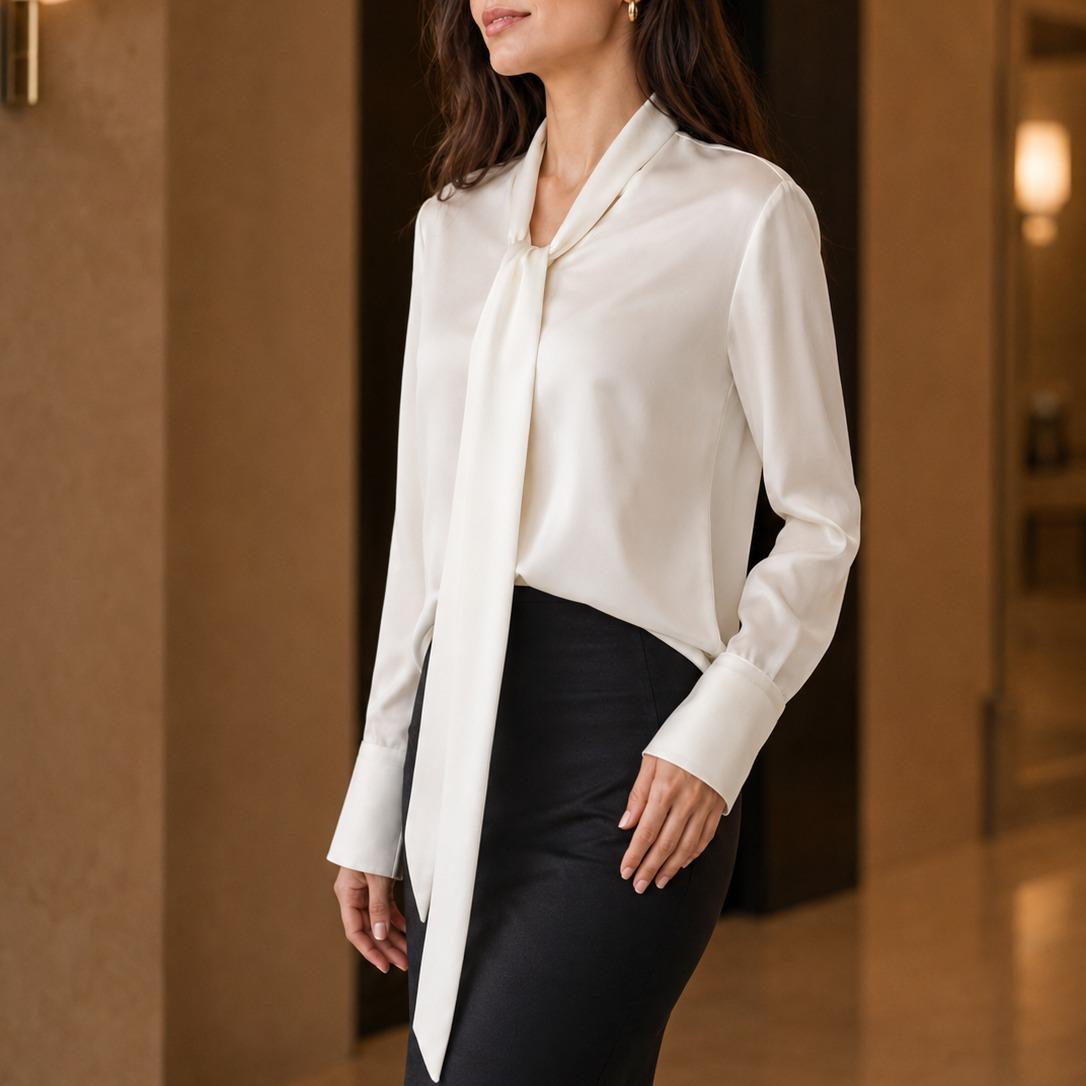Women’s Formal Fit Chic Smooth Silk-Feel Tie-Neck Long Sleeve Blouse - Comfortable Fabric Office Workwear for Dressy Business Casual Pairing with Skirts, Suits, Trousers, Fitted image 5