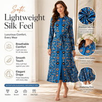 Light luxury faux silk long dress with a blue base, ethnic floral print, turn-down collar, long sleeves, and a cinched waist—Bohemian vacation style, mid-length, tie detail. image 5