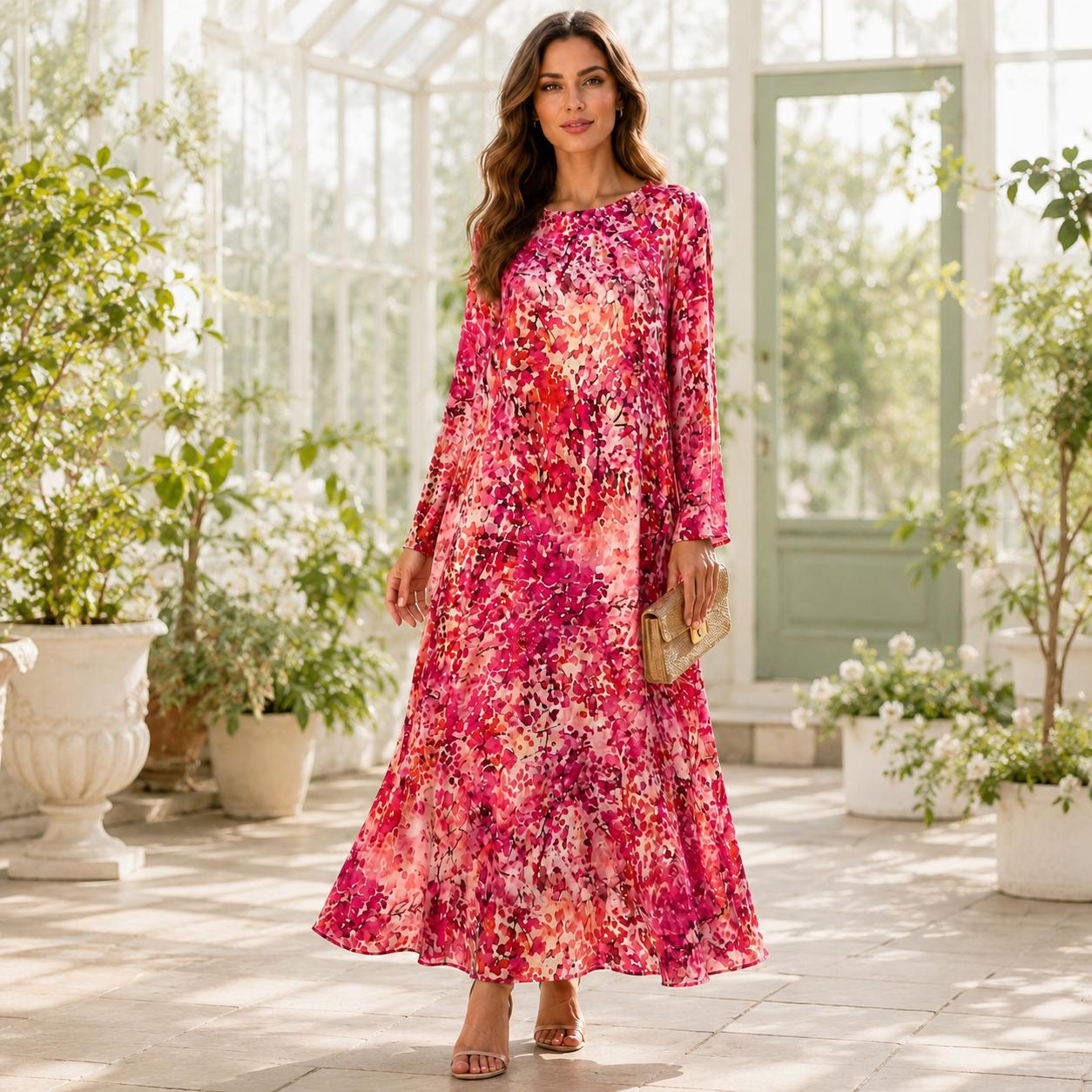 Women’s Premium Silk Fabric Floral Print Longsleeve Maxi Dress - Round Neck, Flowy A-Line, Elegant Casual Wear for Brunch Dates, Daily Use - Hand Wash Only Casual Dresses (Dry Clean Recommended, Do Not Bleach, Hang Dry) image 5